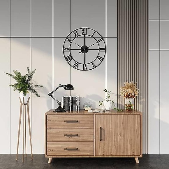 18.5 inch Large Wall Clock, Metal Retro Roman Numeral Clock, Black - Picture 1 of 6